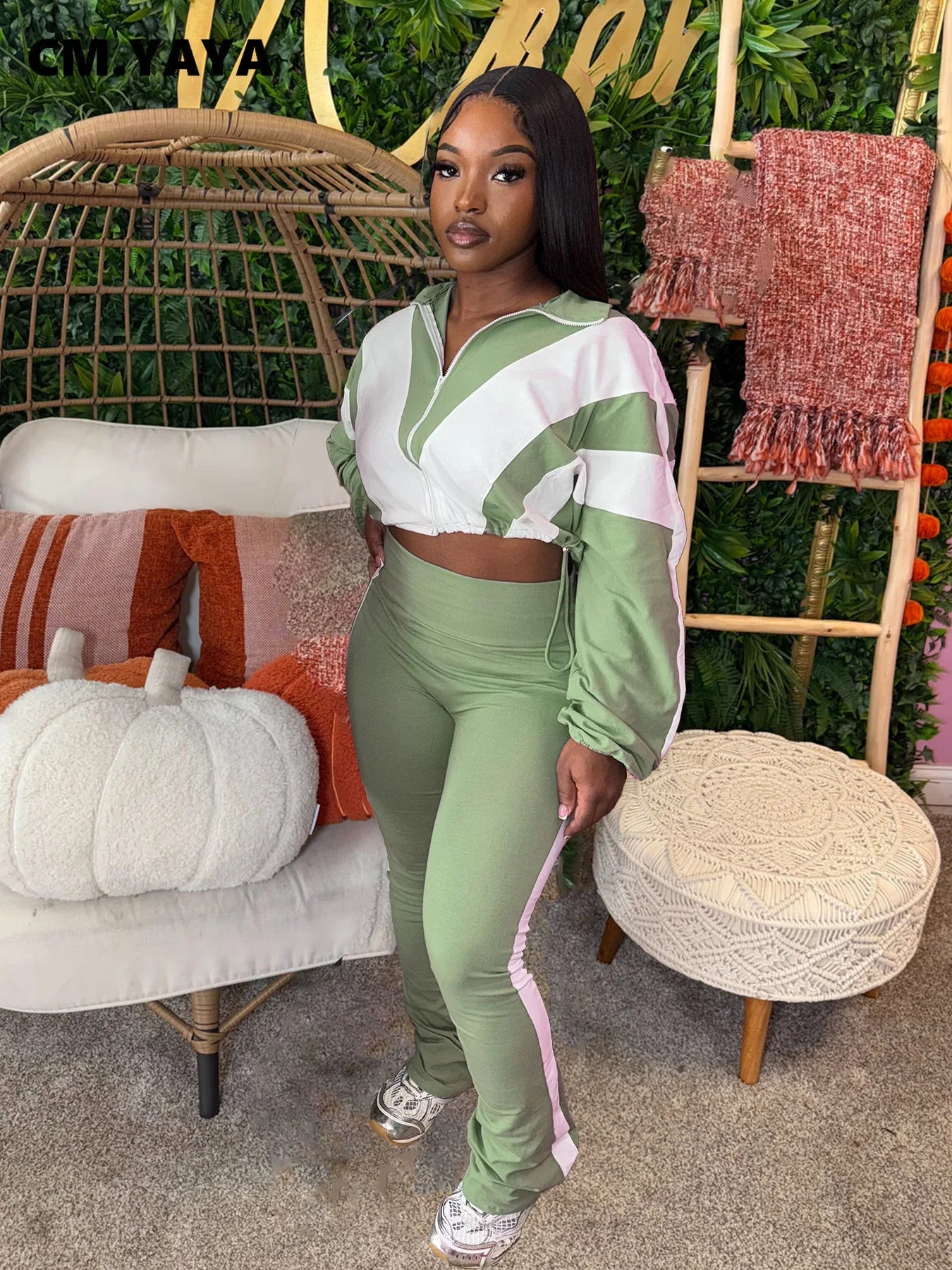 CM.YAYA Active Patchwork Women's Set Zipper Sweatshirt Jacket and Long Pants Suit 2025 Sporty Two 2 Piece Sets Outfit Tracksuit