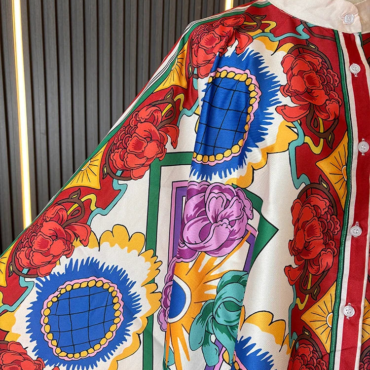 ZARATRAFnew summer women's silk texture printed trousers suit shirt bat shirt + positioning printed high waist trousers