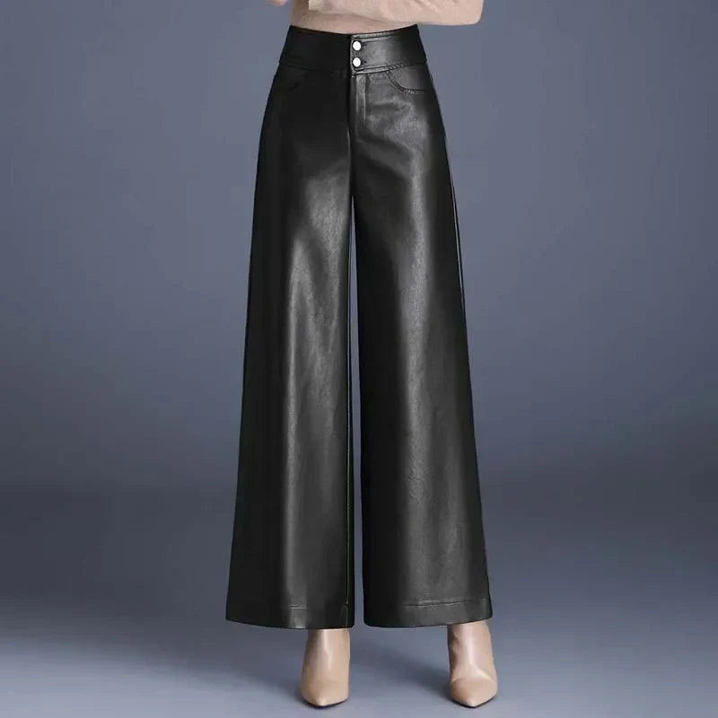 ZUZK High Quality Women PU Leather Wed Leg Pants Autumn Winter Fashion Warm Long Leather Pants Elegant LeatherTrousers black
