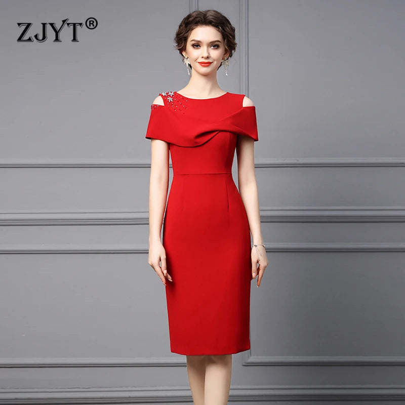 Beading Diamond Red Party Dresses for Women Elegant Luxury Evening Prom Vestidos Robe Summer Cocktail Off The Shoulder