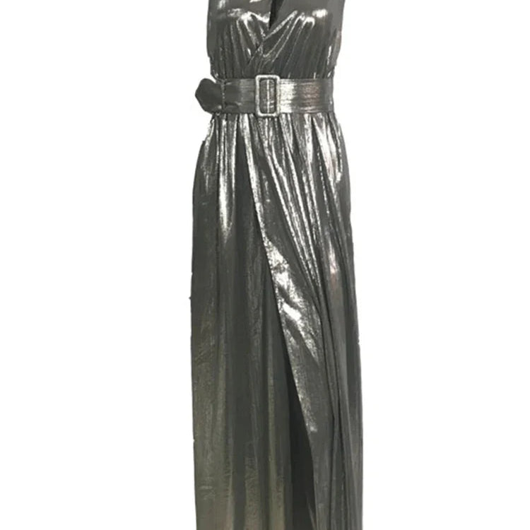 DEAT Fashion Women's Dress New Solid Diagonal Collar Sleeveless One Shoulder High Waist Split Dresses Female Summer 17A2407