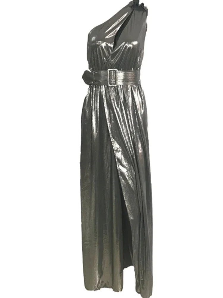 DEAT Fashion Women's Dress New Solid Diagonal Collar Sleeveless One Shoulder High Waist Split Dresses Female Summer 17A2407