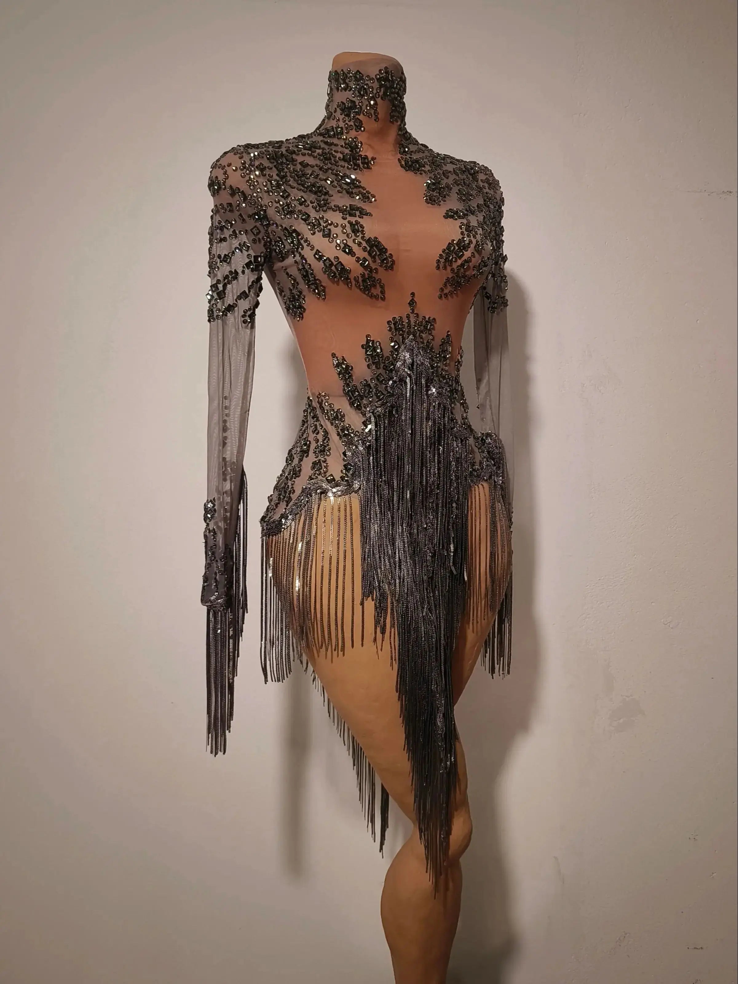 Women Sexy Gray Silver Tassel Crystal Diamonds Stretchy Night Club See Through Singer Dancer Stage Costume Party Bodysuit