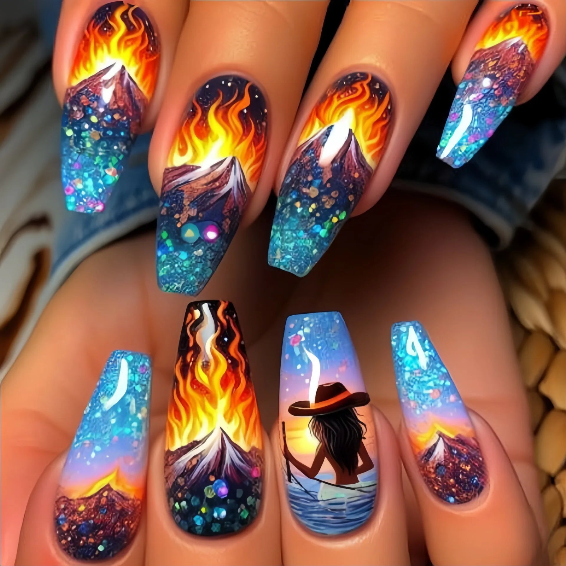 24pcs/set medium long fake nails fashion butterfly feather forest sea wave design gradient blue purple green press on false nail