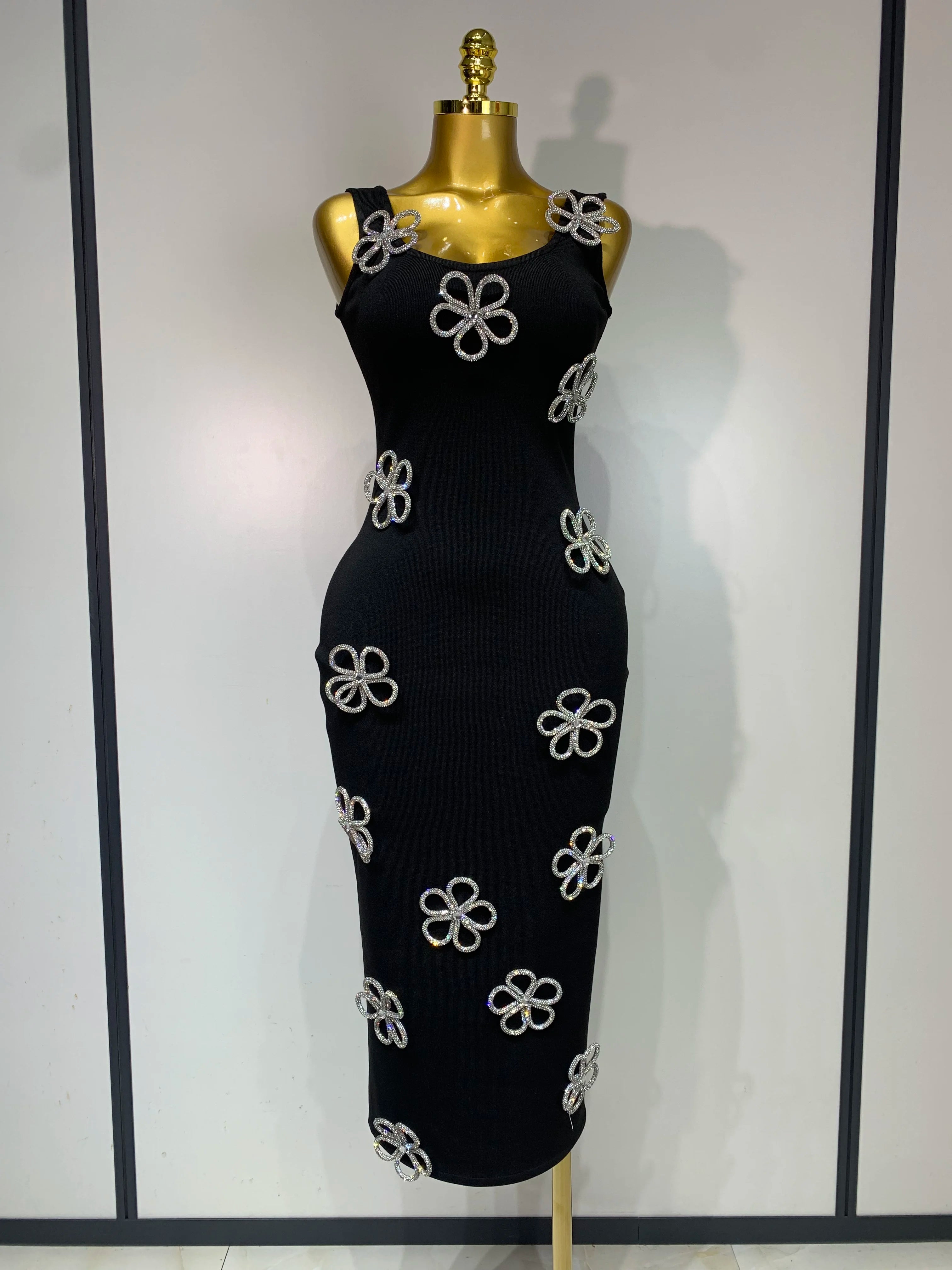 Women Celebrity Sexy Diamonds Flower Black Long Bodycon Bandage Dress 2025 Elegant Evening Club Party Luxury Birthday Dresses