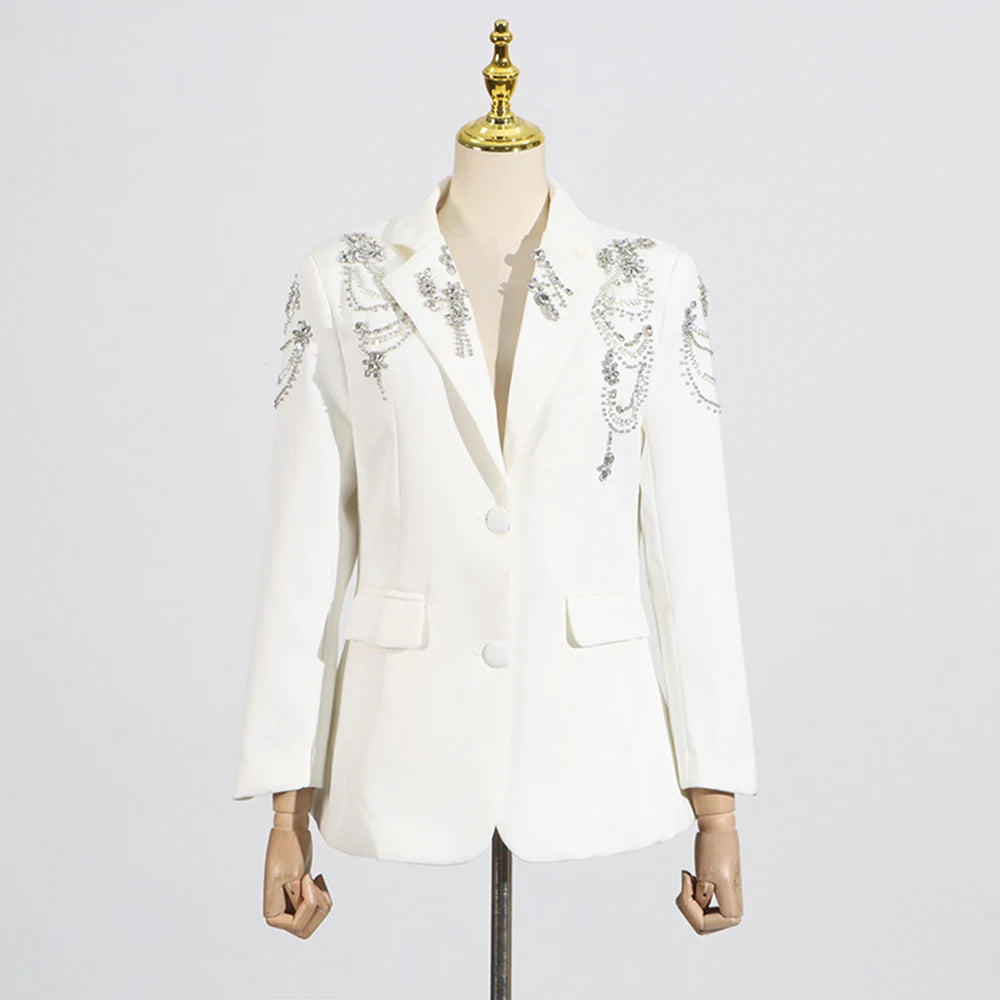 TWOTWINSTYLE Solid Spliced Diamond Luxurious Jackets for Women Lapel Long Sleeve Patchwork Pocket Elegant Jacket Female Clothing