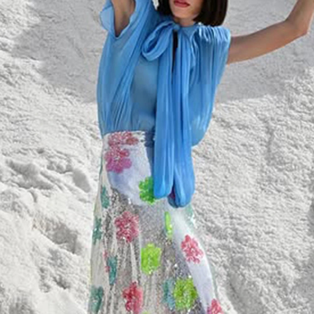 TWOTWINSTYLE Solid Loose Spliced Bow Elegant Blouses for Women Round Neck Sleeveless Temperament Blouses Female Fashion Clothing