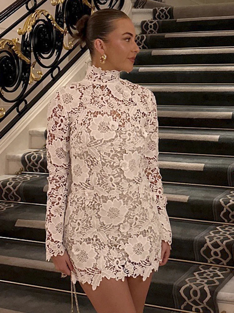 VC White Turtleneck Lace Floral Mini Dress For Women Long Sleeves Slim Bodycon Elegant Evening Party Cocktail Wear