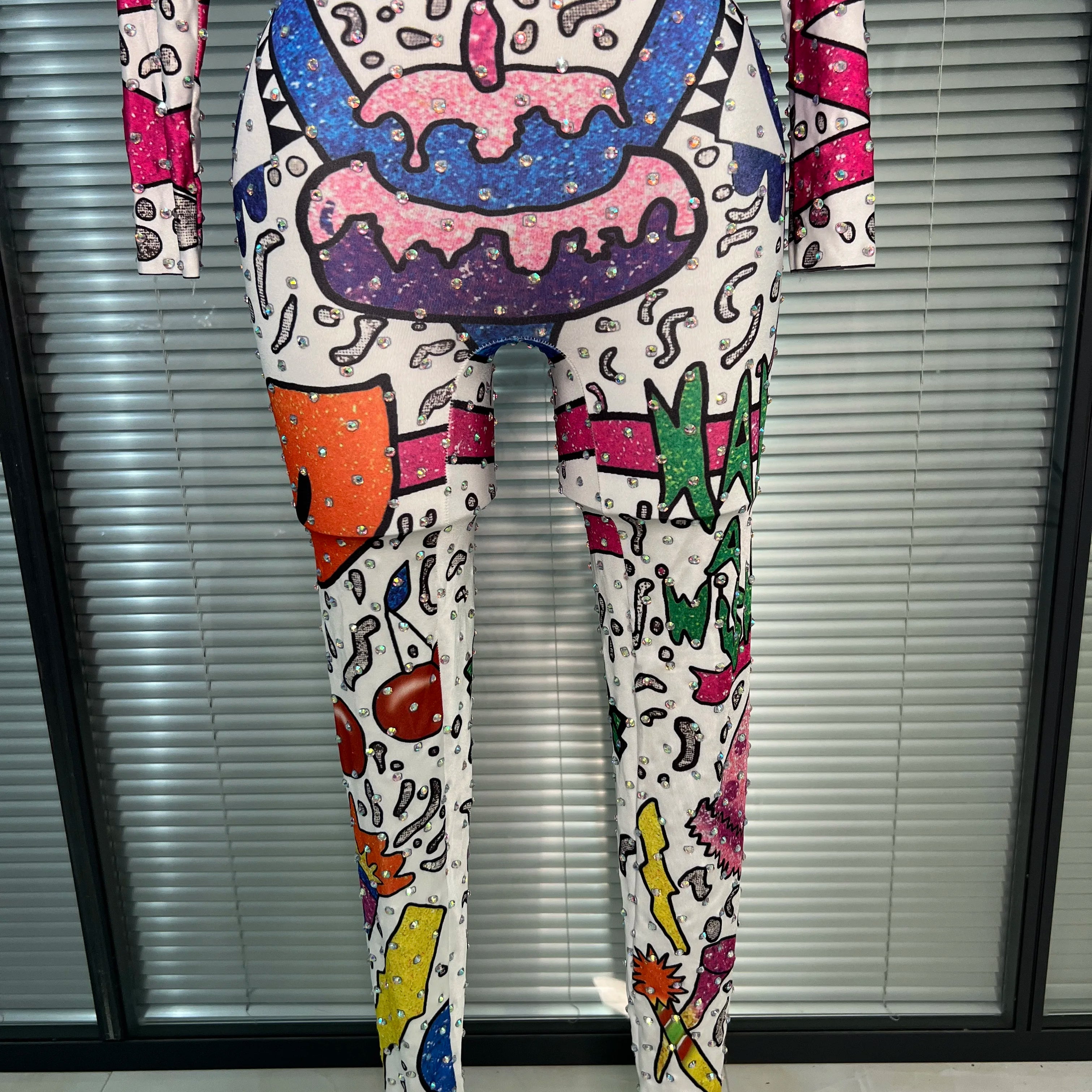 Women Sexy Crystal Stretchy Bodycon Jumpsuit Celebrity Designer Singer Dancer Print Night Club Rompers