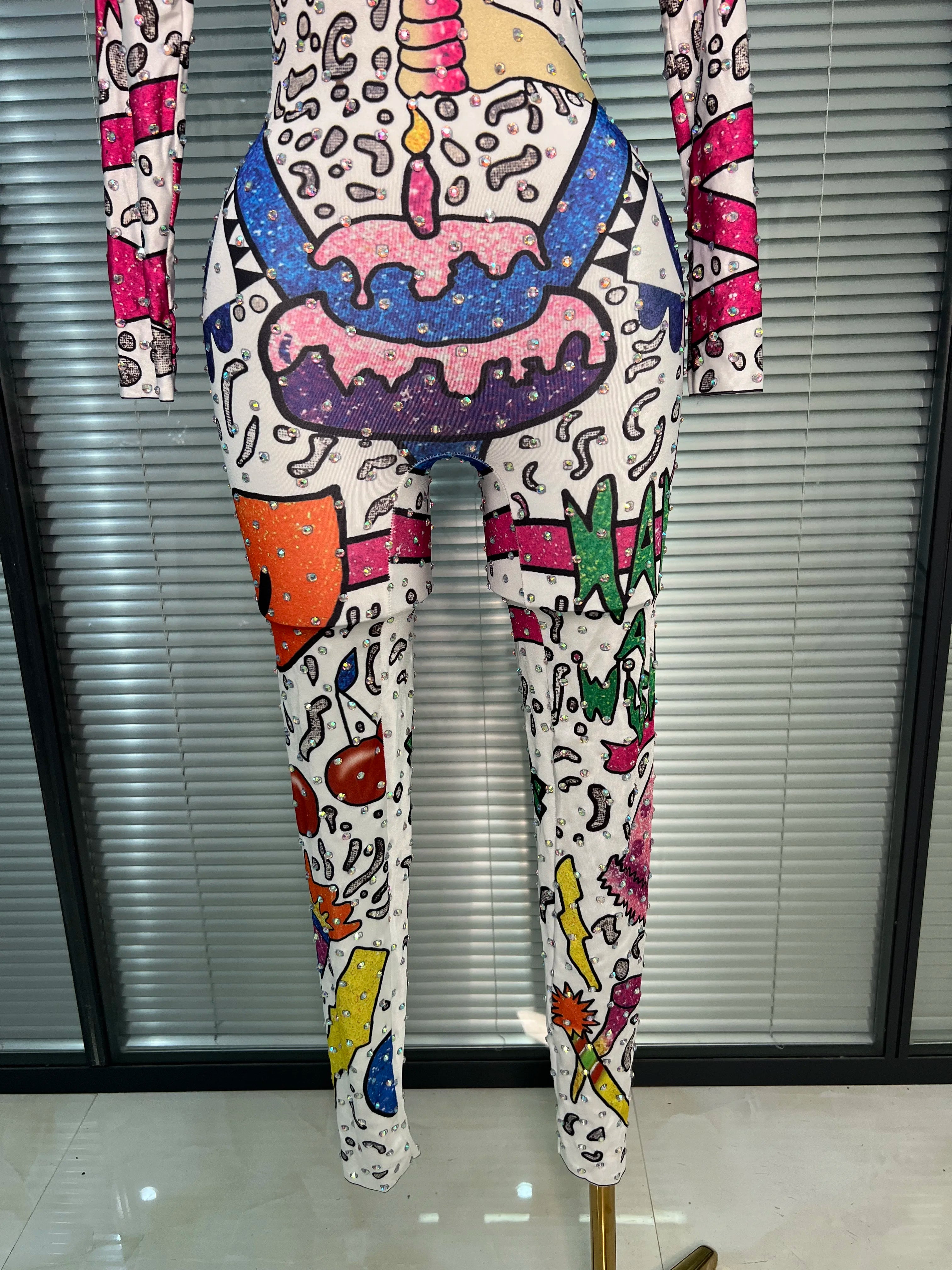 Women Sexy Crystal Stretchy Bodycon Jumpsuit Celebrity Designer Singer Dancer Print Night Club Rompers