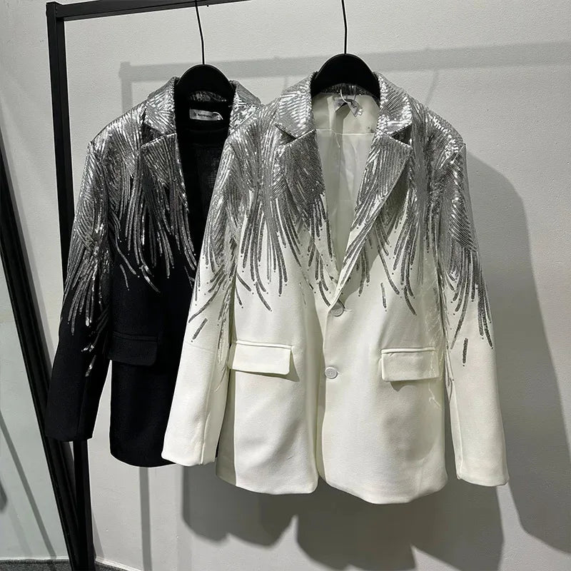 TWOTWINSTYLE Solid Spliced Sequins Elegant Jackets for Women Lapel Long Sleeves Patchwork Single Breasted Jacket Female Fashion