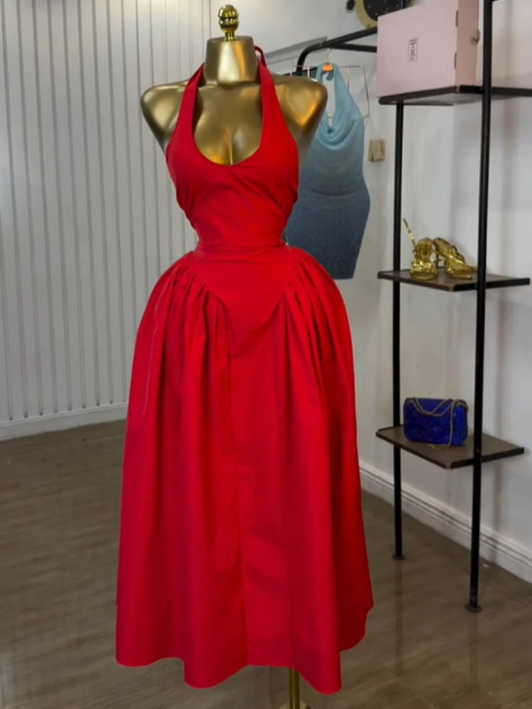 CM.YAYA Women Halter V-neck Backless Sleeveless Big Swing Bodycon Mid Maxi Long Dress 2025 Vacation Sexy Party Evening Dresses