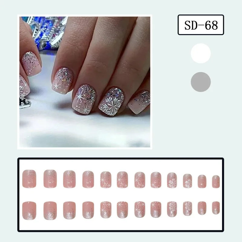 24Pcs Winter Collection Press on Nails Silver Glitter Gradient with White Snowflake and Four-Pointed Star Perfect Gift for Girls