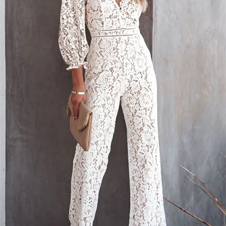 CHRONSTYLE Elegant Women Lace Wide Leg Pants Jumpsuits Solid Color Long Sleeve High Waist V Neck Floral Rompers Streetwear 2023