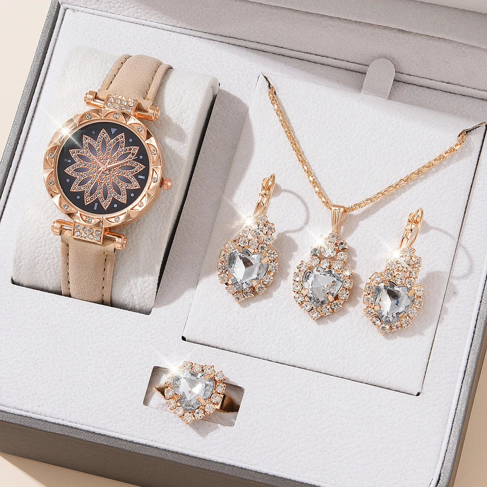 5pcs Set Watches Women Leather Band Ladies Watch Simple Casual Women's Analog WristWatch Bracelet Gift Montre Femme 5pcs set beige A