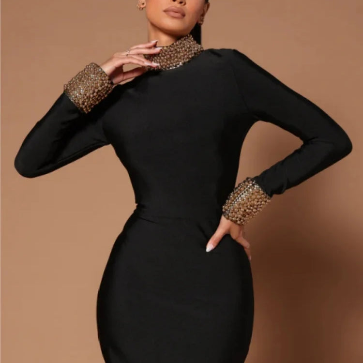 Winter Black Women Long Sleeve Sexy Golden Beading Bodycon Bandage Long Dress Backless Celebrate Evening Party Outfit