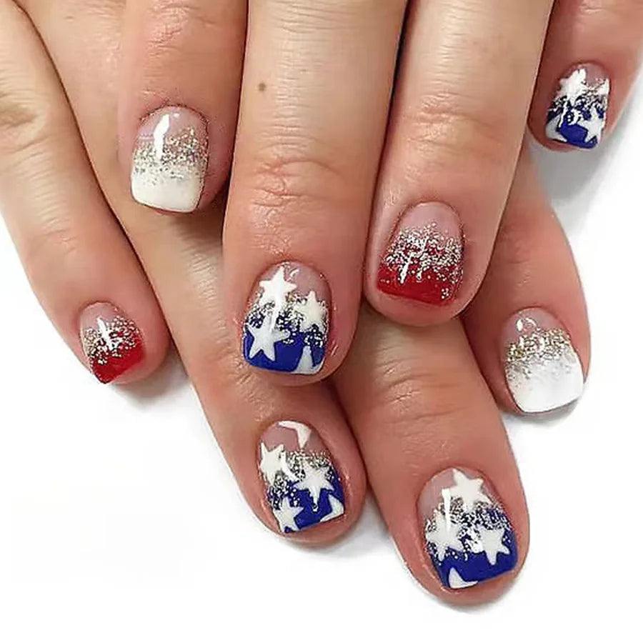 24pcs/set short square fake nails for US Independence Day blue red white star strawberry  with glitter press on false nail tips