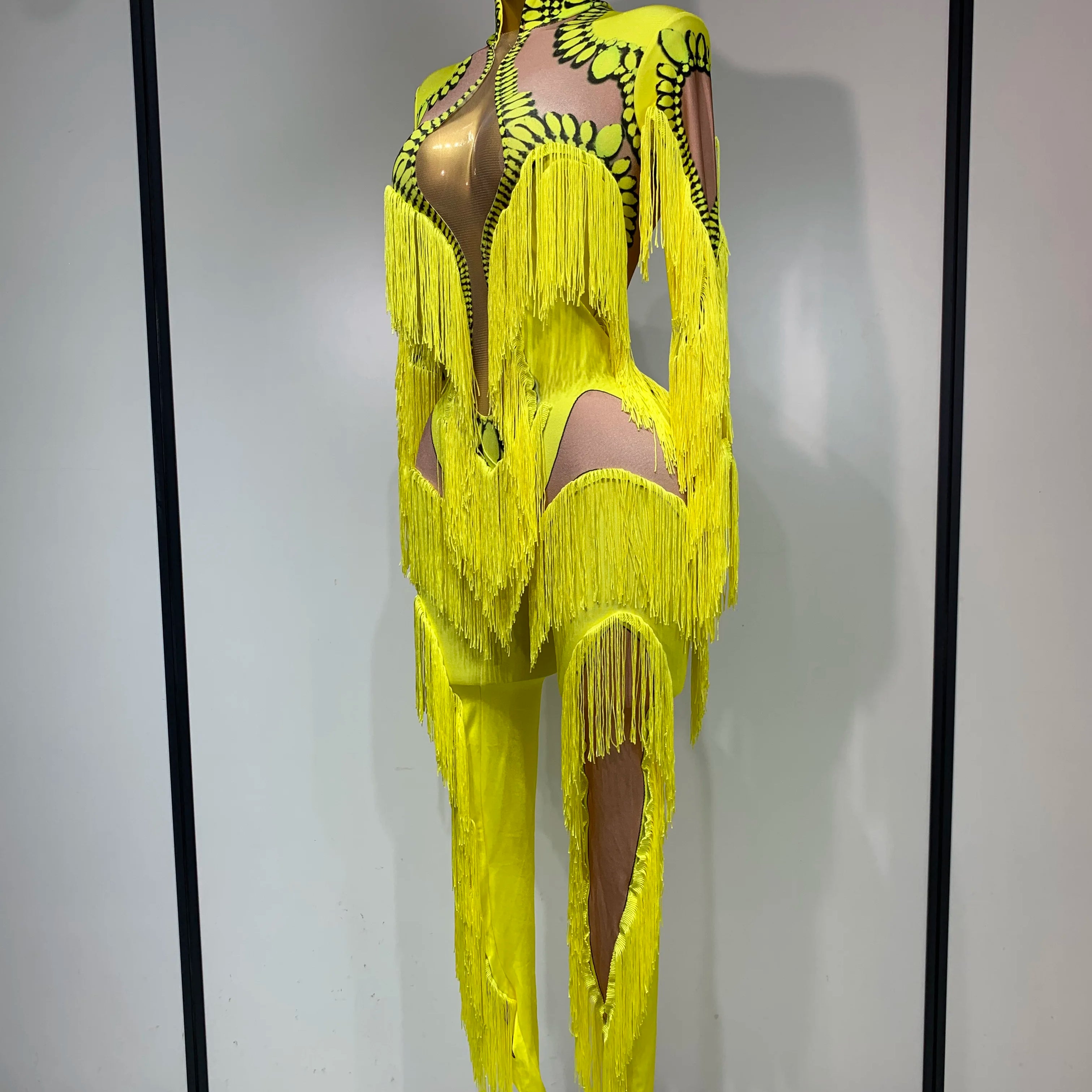 Yellow Tassel Stretch Bodycon Jumpsuit Nightclub Gogo Dance Clothing Dj Rave Outfit Nightclub Party Singer Performance Outfit
