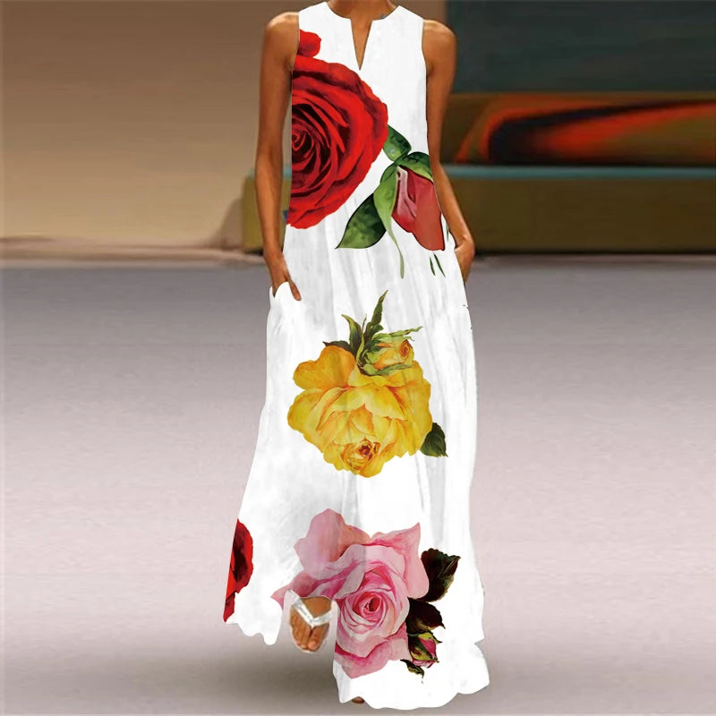 Vestido longo feminino elegante com decote em V, estampa floral fresca, sem mangas, solto, reto, praia, férias, vestido longo