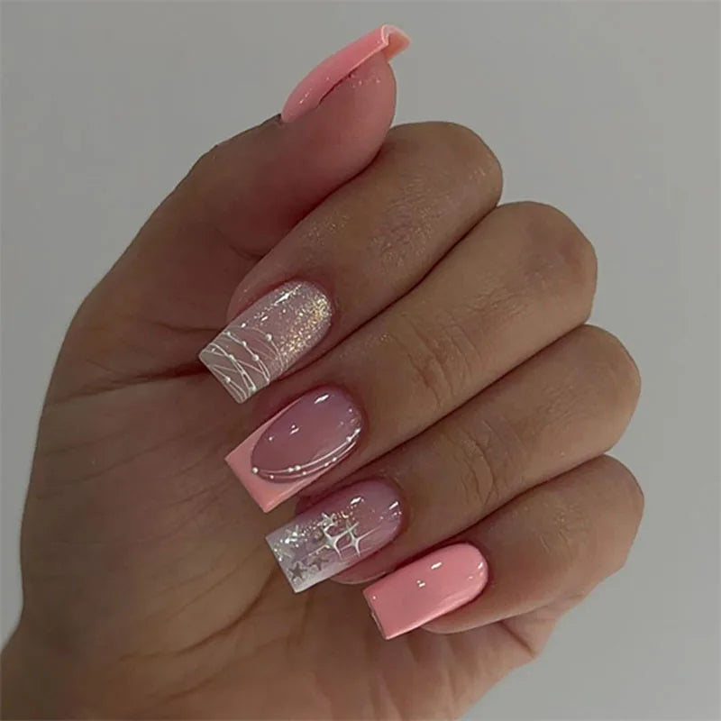 24Pcs Nude Pink French False Nails Press on Short Square Head Stick on Nails with Flower Pattern Design Wearable Fake Nail Tips