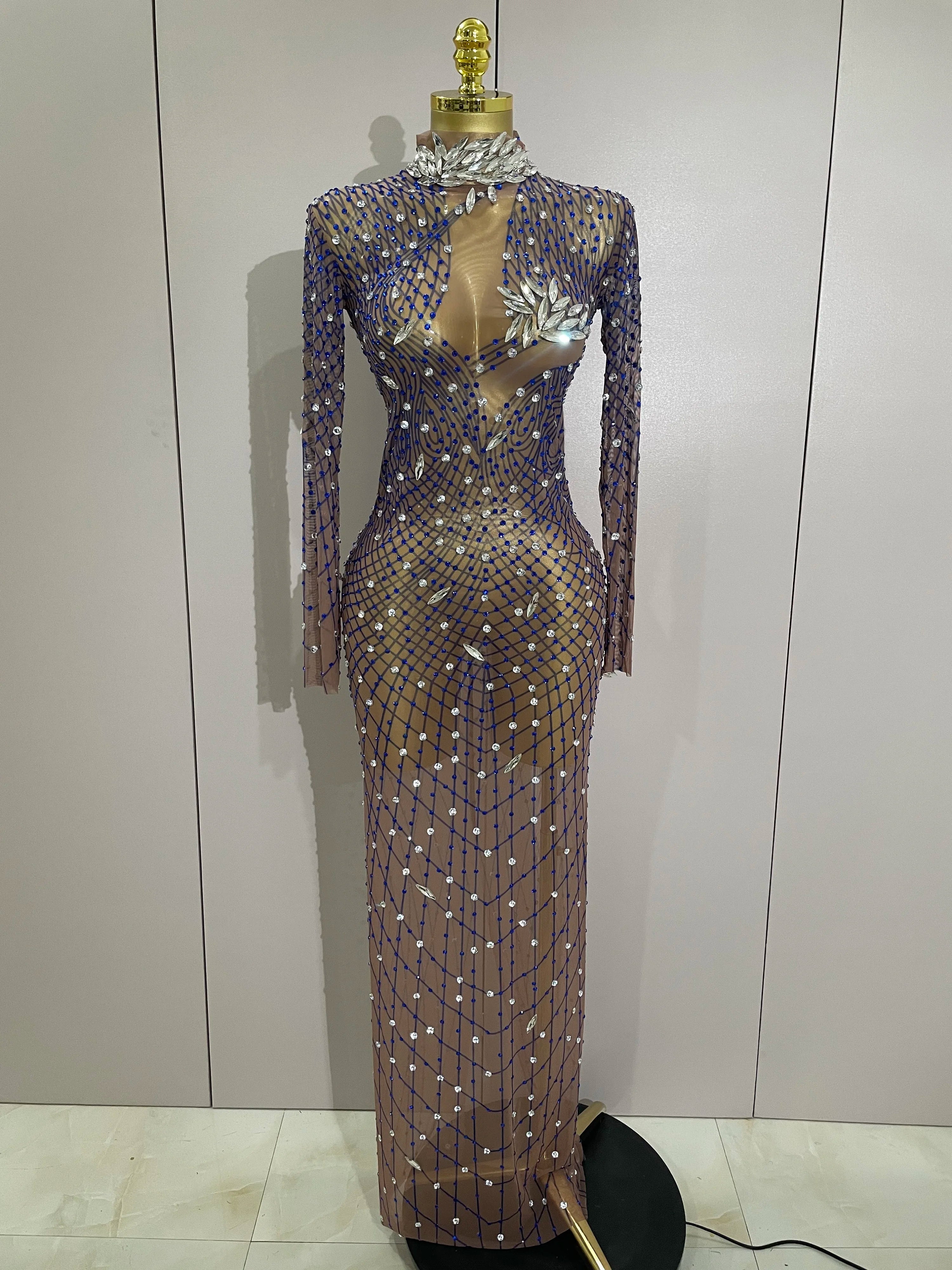 Shining Rhinestones Sexy Mesh See Through Long Dress Women Birthday Celebrate Evening Singer Show Stage Wear Photo Shoot Dress