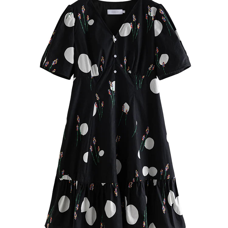 Niche Color Contrast Design Printed V-neck Dress for Women Summer Special X-shaped High Waist Light Dress Female