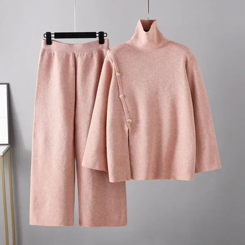 Two-piece Set Warmth Reduction Casual Wide Leg Pants Split Knit High Neck Sweater for Women's Winter SKY BLUE One Size