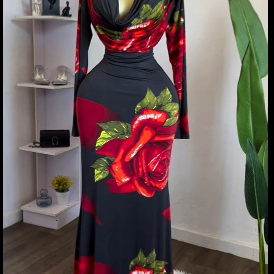 CM.YAYA Women Rose Printed Long Sleeve Pile Neck Bodycon Midi Maxi Long Dress 2025 Summer Birthday Vacation Sexy Party Dresses