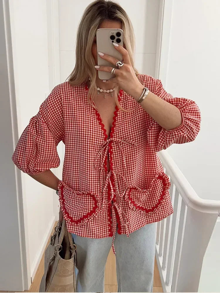 Fashion Plaid Ruffle Lace Up Shirt Women Sweet V Neck Half Puff Sleeve Heart Shaped Pocket Tops Female Loose Lady Street Blouse Red
