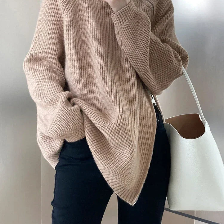 2023 Winter Women's Turtleneck Zipper Oversize Fashion Sweaters Autumn New Knitwears Loose Thick Warm High Neck Solid Pullovers