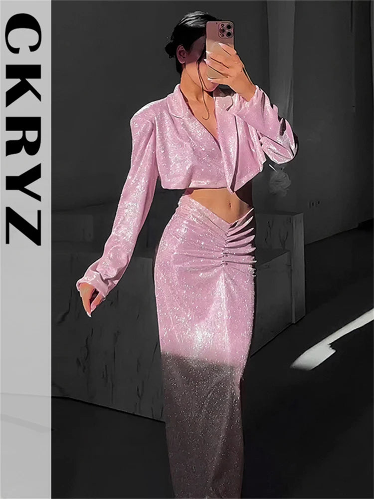 Ladies New Bling Glitter Slim Dress Set 2 Pieces Long Sleeve Pad Crop Top And Maxi Skirt Evening Party Night Club Women Outfits
