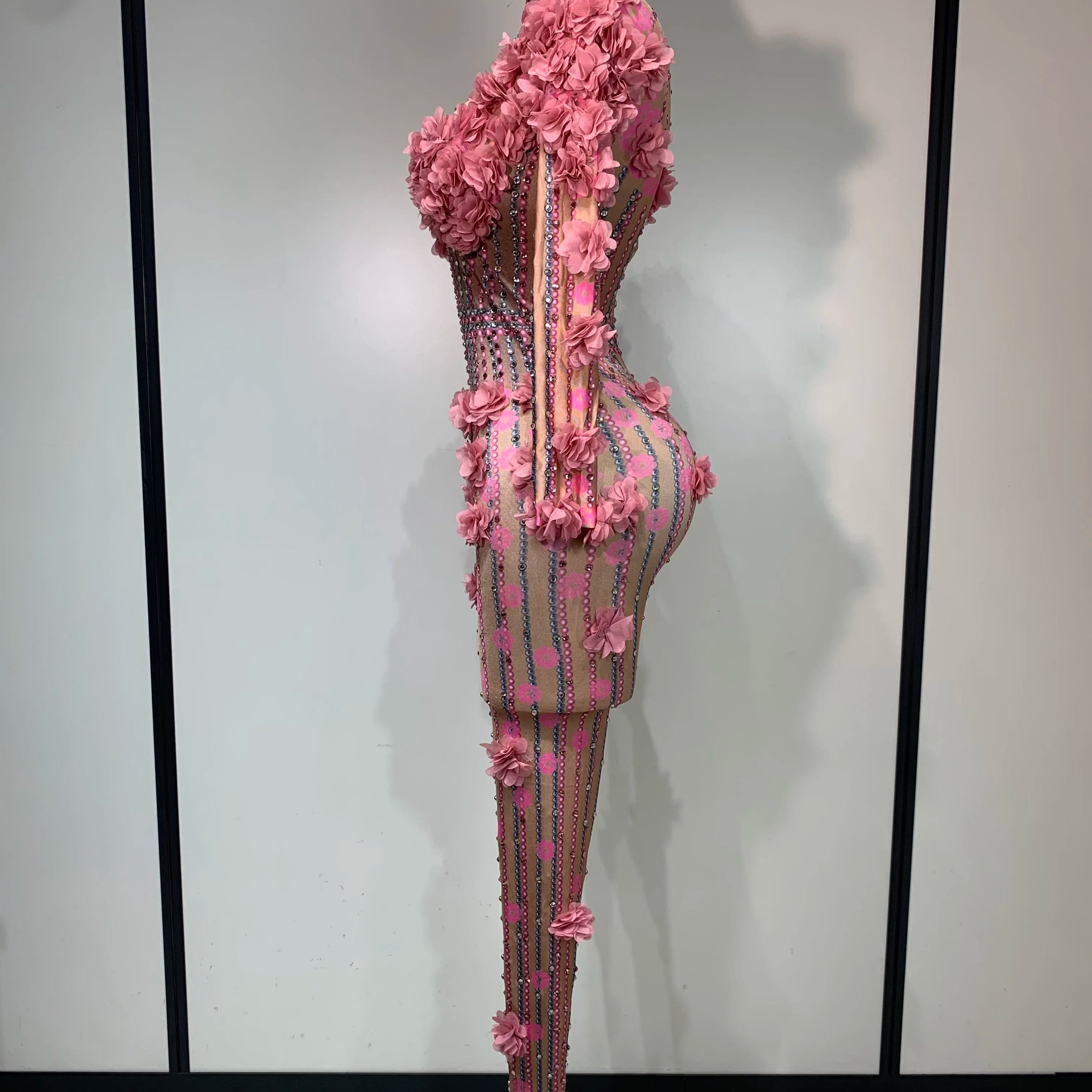 Sexy Skinny Rhinestones Flower Long Sleeve Bodycon Jumpsuit Women High Street Nightclub Birthday Performance Dance Stage Outfit