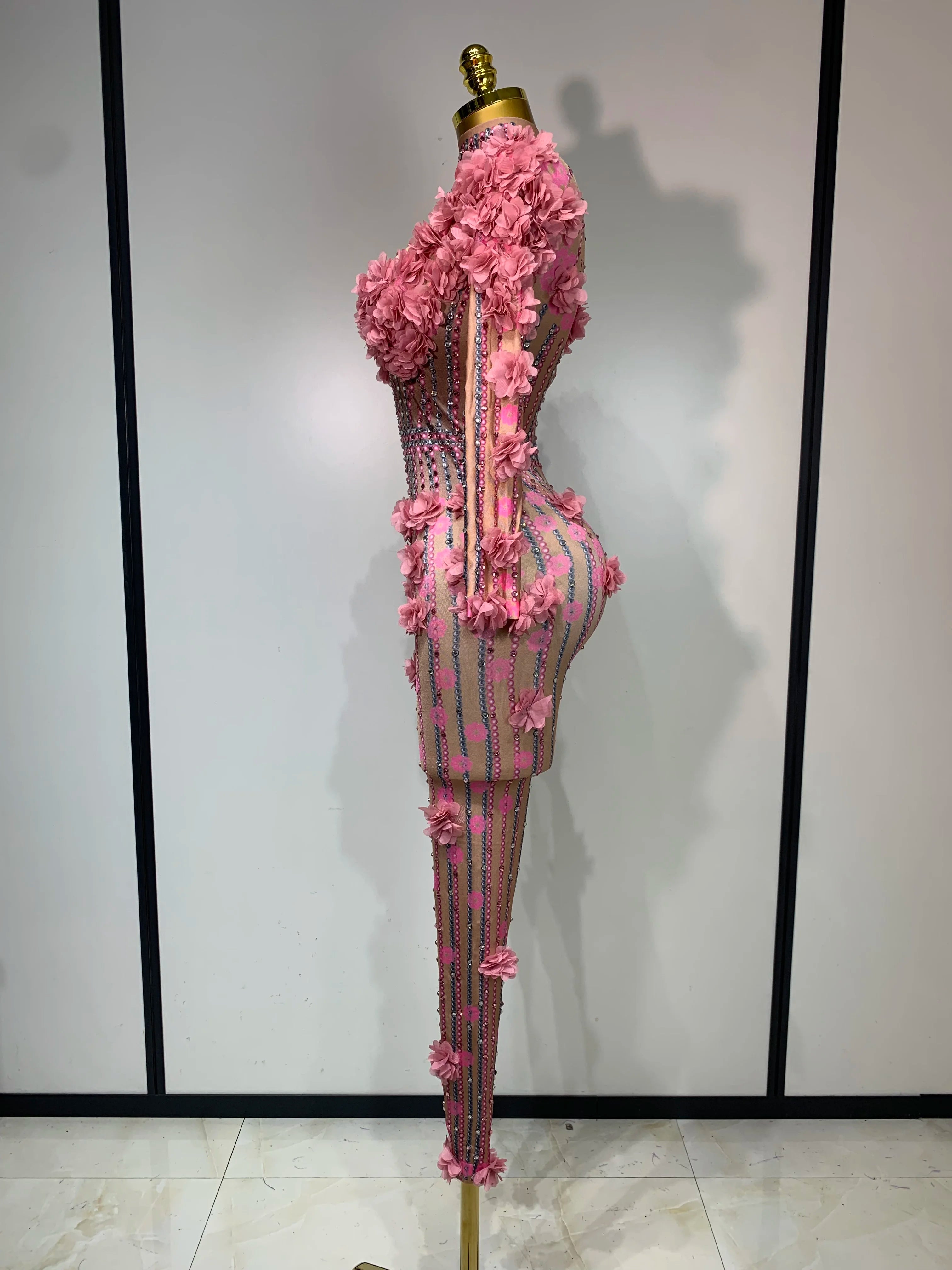 Sexy Skinny Rhinestones Flower Long Sleeve Bodycon Jumpsuit Women High Street Nightclub Birthday Performance Dance Stage Outfit