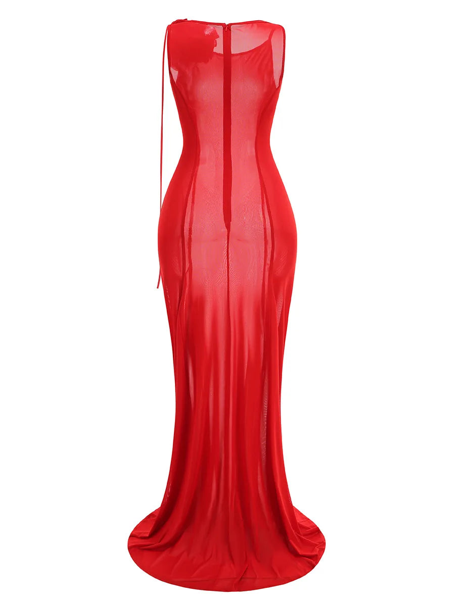 Red Color Women Sleeveless Sexy Mesh See Thorugh Bodycon Long Dress Celebrate Nightclub Party Birthday Outfit Vestido