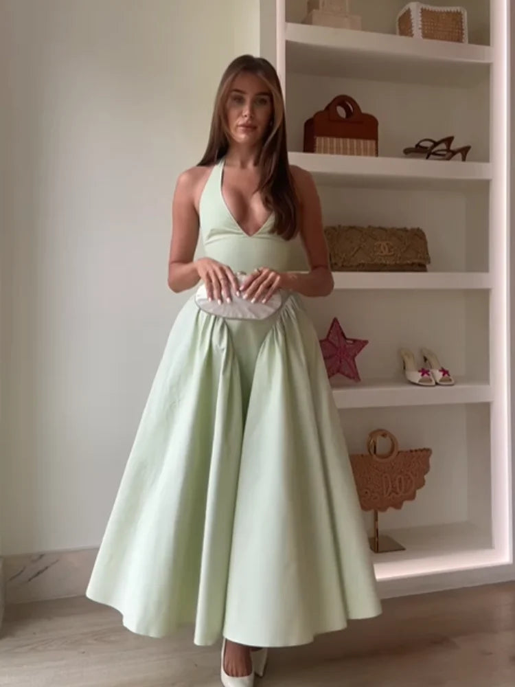 Women's High Waisted V-neck Lace Up Halter Dresses Sexy Sleeveless Backless A-line Dress Summer New Fashion Beach Vacation Robes