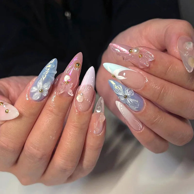 24Pcs Mid-length Almond Fake Nail Tips Pink French 3D Press on False Nails with Bow Design Wearable Oval Head Manicure Art