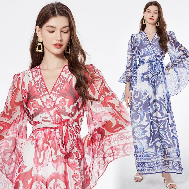 Fashion runway blue white porcelain floral maxi dress for women's summer autumn long sleeve flower printing dresses lady