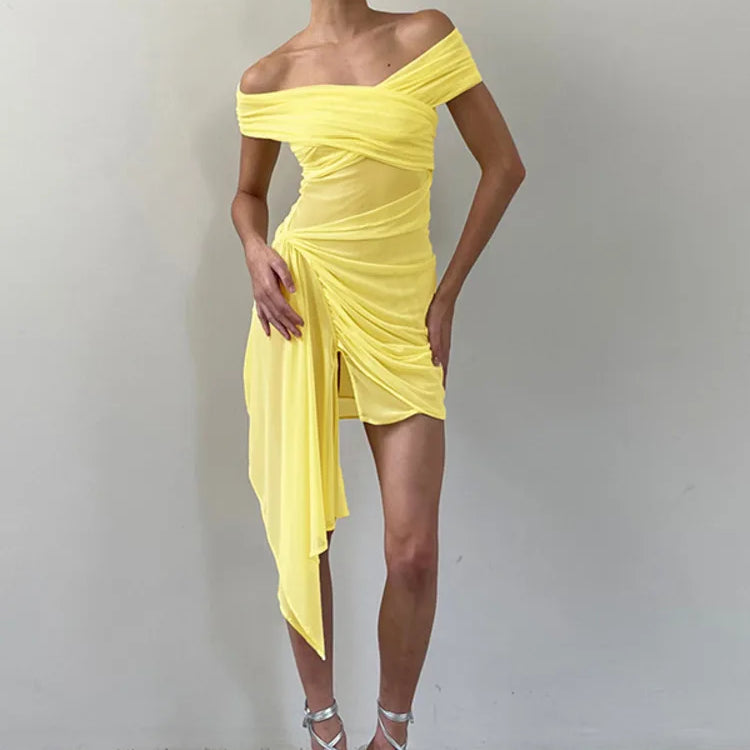 Vestido curto sexy sem alças e ombro de fora para mulheres, moda praia, malha irregular, férias, drapeado, franzido, bodycon