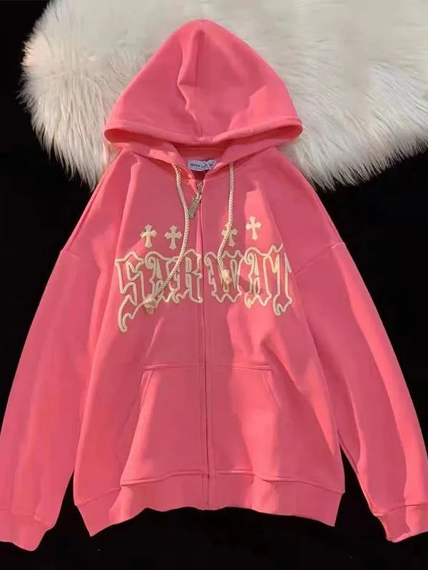 Goth Embroidery Hoodies Women High Street Harajuku Retro Hip Hop Zip Up Hoodie Loose Man Sweatshirt Hoodie Clothes Y2K Hoodie Pink