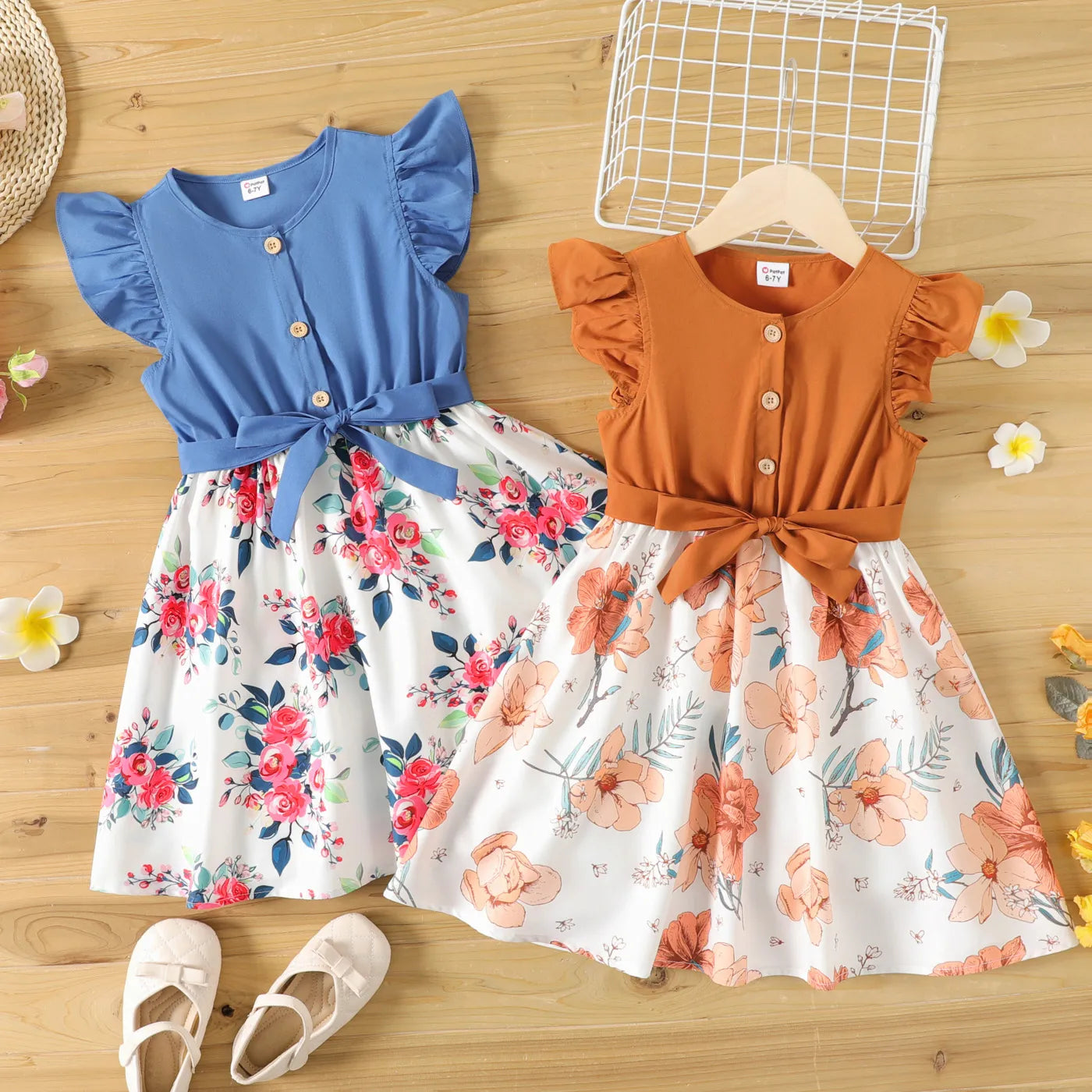 Girl Kids Dress Girl Dresses for Very Elegant Party Ruffled Floral Print Splice Belted Flutter-sleeve Dress Girl Clothing
