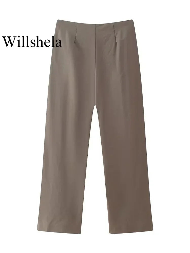 Women Fashion Two Piece Set Brown Pleated Halter Neck Tops & Straight Pants Vintage Female Chic Lady Pants Suit