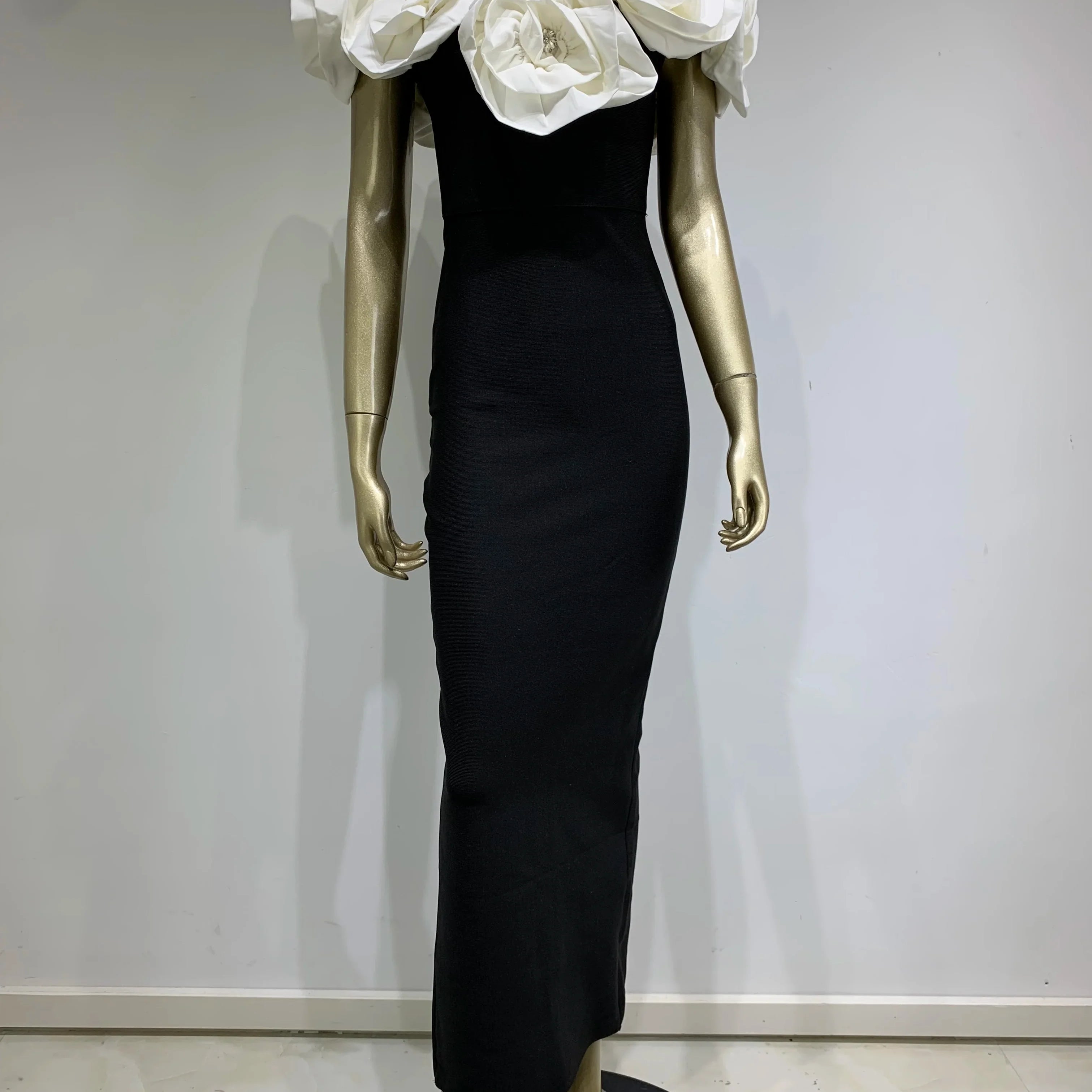 Vestido longo bandagem colado ao corpo feminino, sexy, ombro de fora, flor, diamantes, preto, elegante, festa à noite