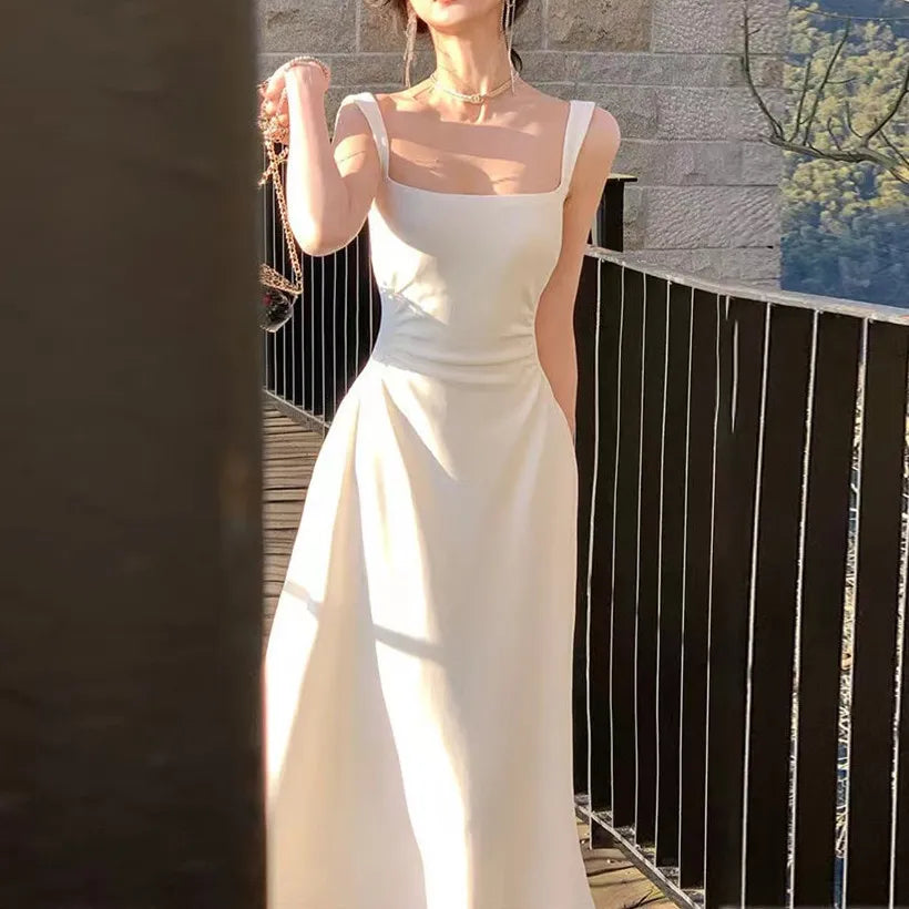 Summer Evening Party White Midi Dress Office Lady Slim Sexy Sleeveless Strap Dress Beach Style Women One Piece Dress Korean DD03702