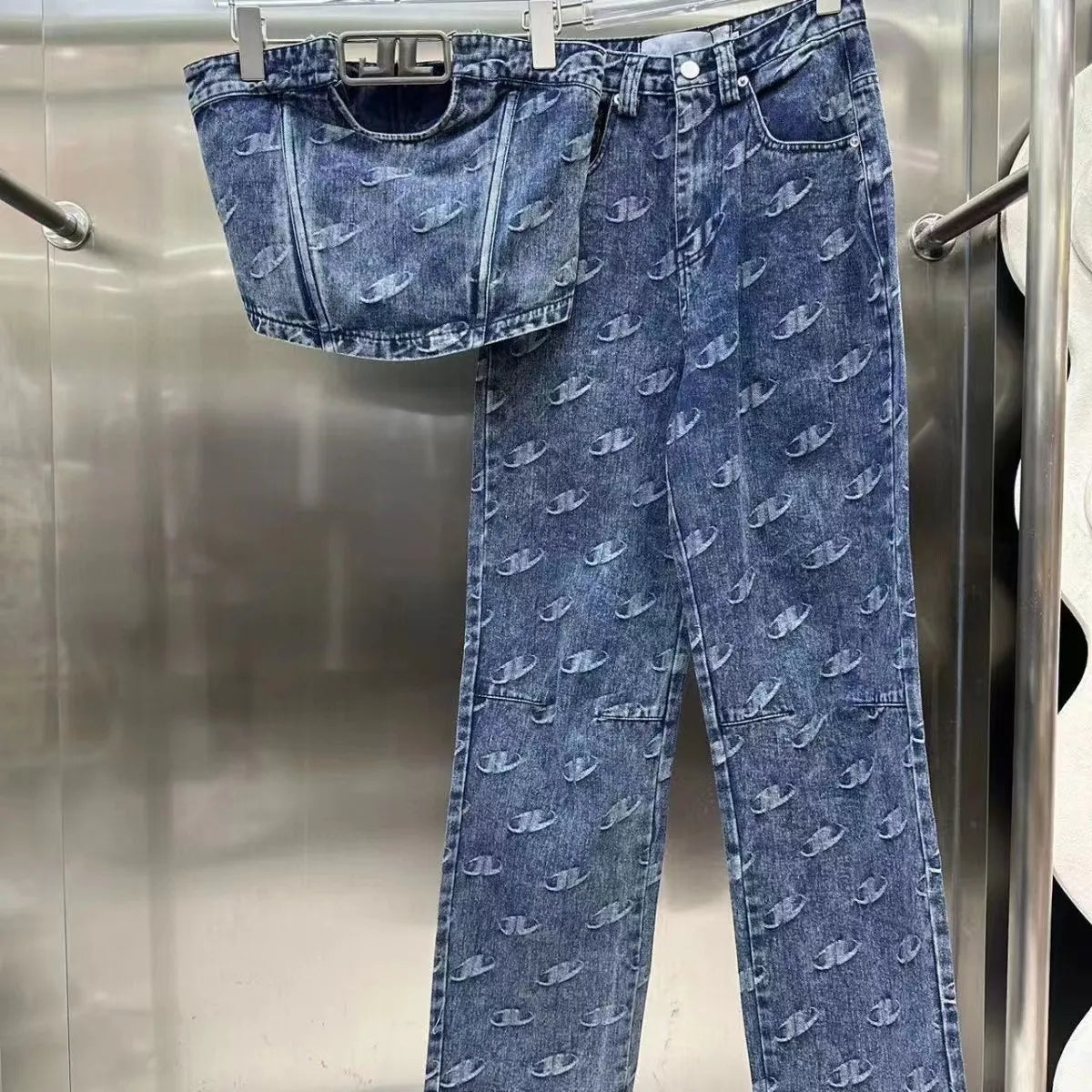 Fashion Set Women's Retro American Style Bra Denim Tank Top Two Piece Casual High Waist Slim Straight Trouser Set SKY BLUE