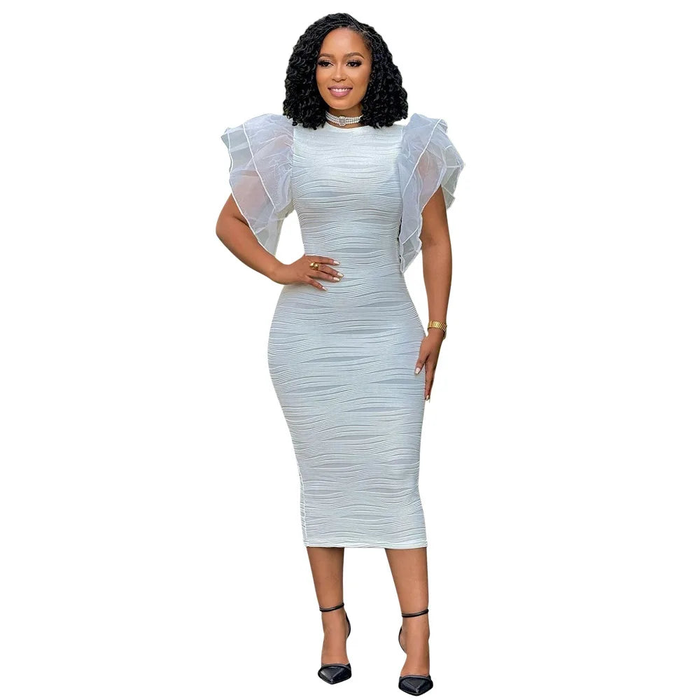 CM.YAYA Women Ruffles Short Sleeve O-neck Striped Knee Length Dress Street Vestidos Sexy Night Club Party Evening Chic Dresses White