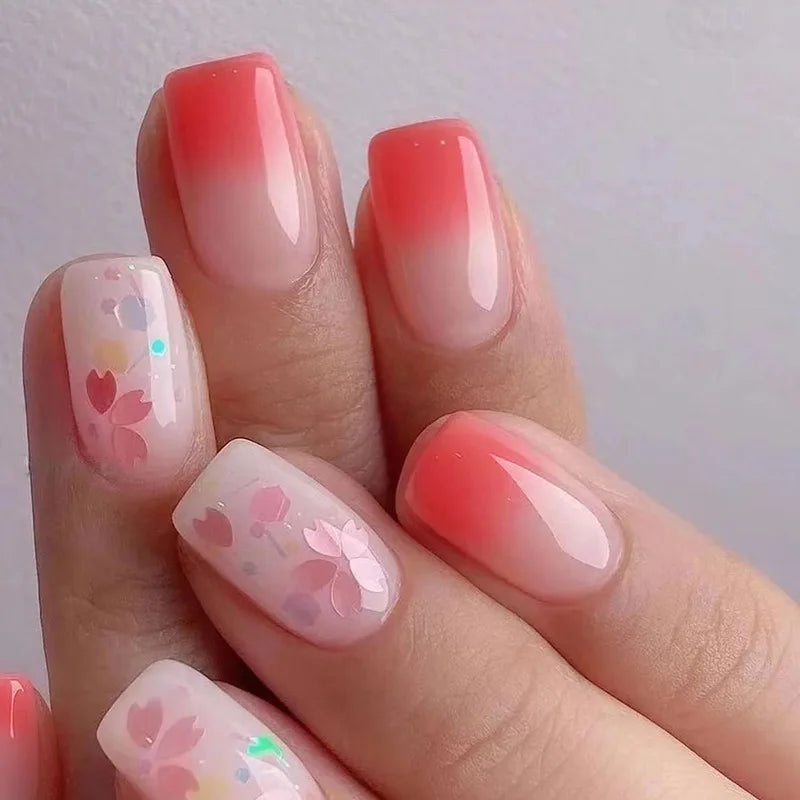 24Pcs Mid-Length Ballet Nails Set Pres on Cute Gradient Pink Flower Design False Nails Wearable Full Cover Fake Nail Tips