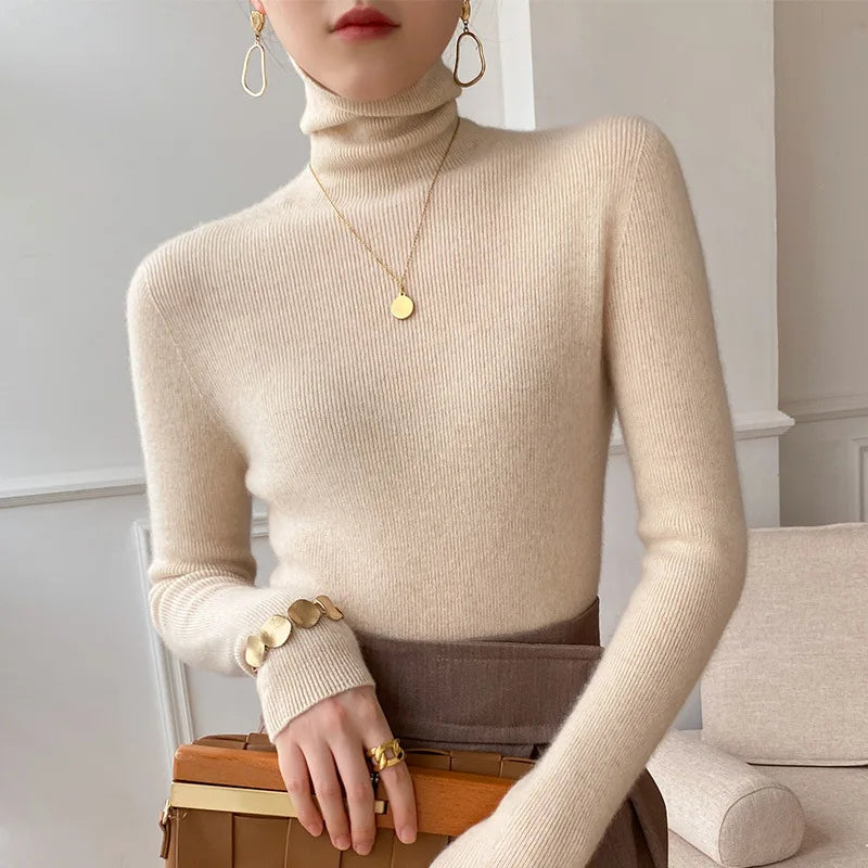 Women Sweater Winter Cashmere Turtleneck Warm Knitwear Korean Casual Solid Bottoming Shirt Fashion Knit Pullovers Brown Sweater Beige