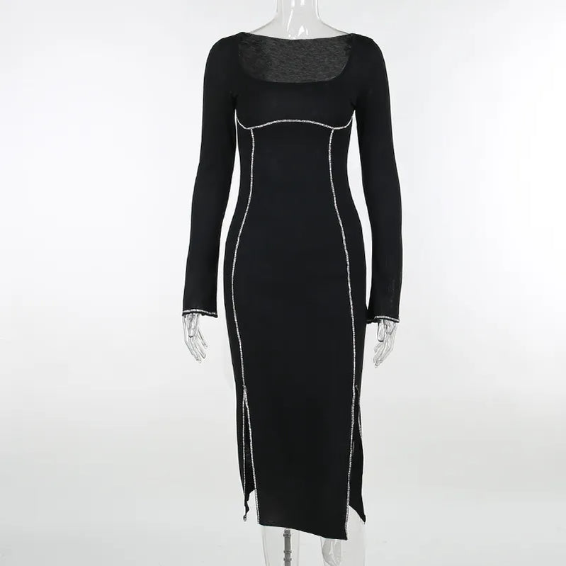 Sexy Rhinestone Black Dress Women Hipster Square Collar Full Sleeve Split Bodycon Midi Dresses Autumn Party Clubwear Black