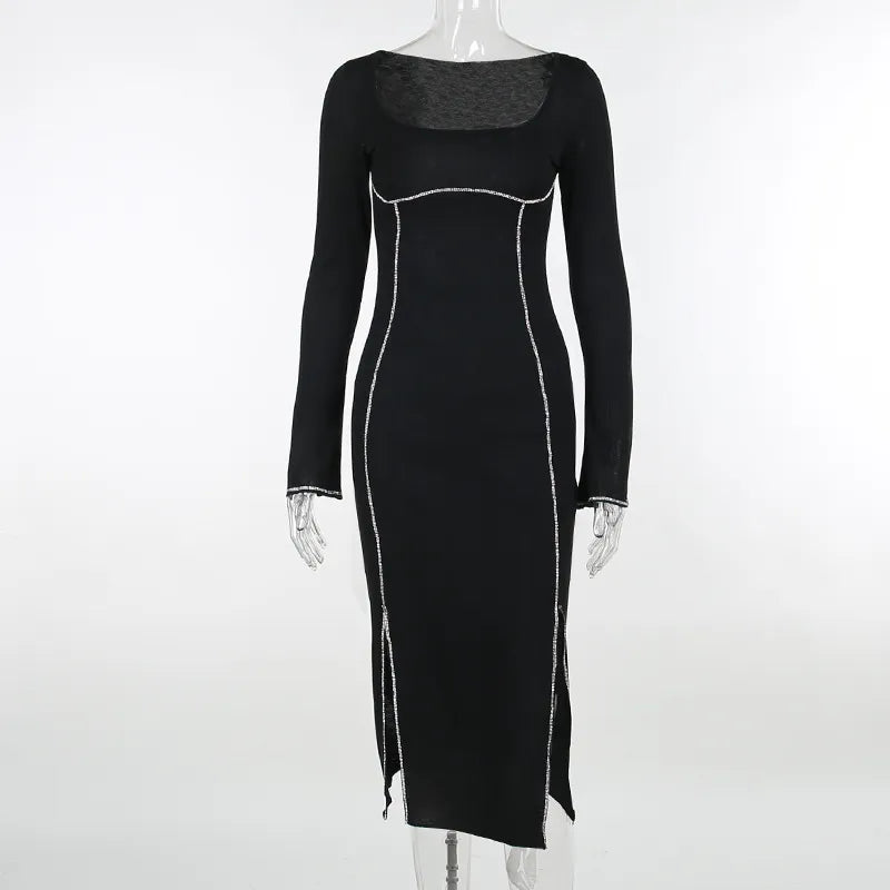 Sexy Rhinestone Black Dress Women Hipster Square Collar Full Sleeve Split Bodycon Midi Dresses Autumn Party Clubwear Black