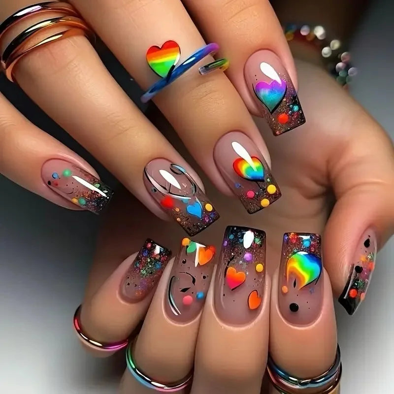 24pcs/set Medium long square fake nails for women girls cute heart flowers feather butterfly design press on false nail art tips